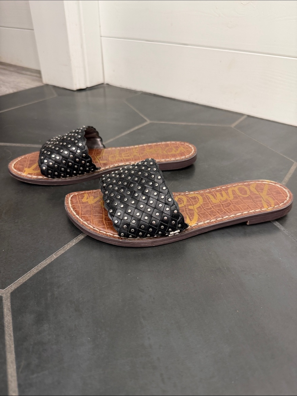 Sam Edelman Black Studded Woven Slide Sandals - Picture 5 of 6
